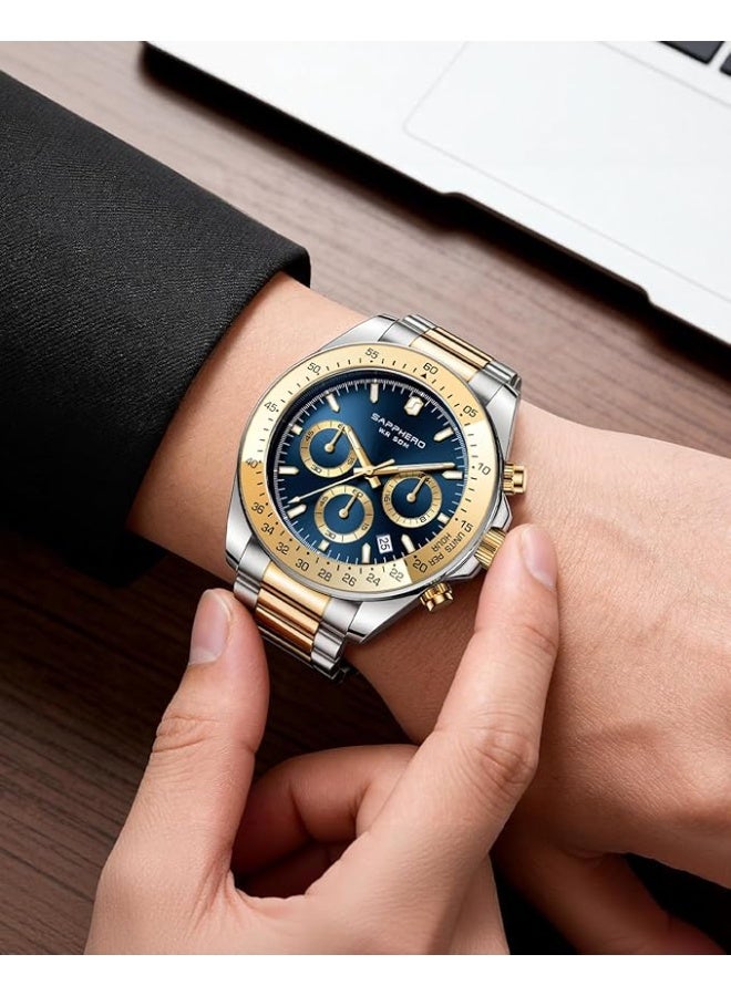 SAPPHERO Men's Stainless Steel Chronograph Watch, 50m Water Resistant, Analog Quartz Movement with Date Display, Classic and Elegant Luxury Watch, Refined Gift for Men - Image 3